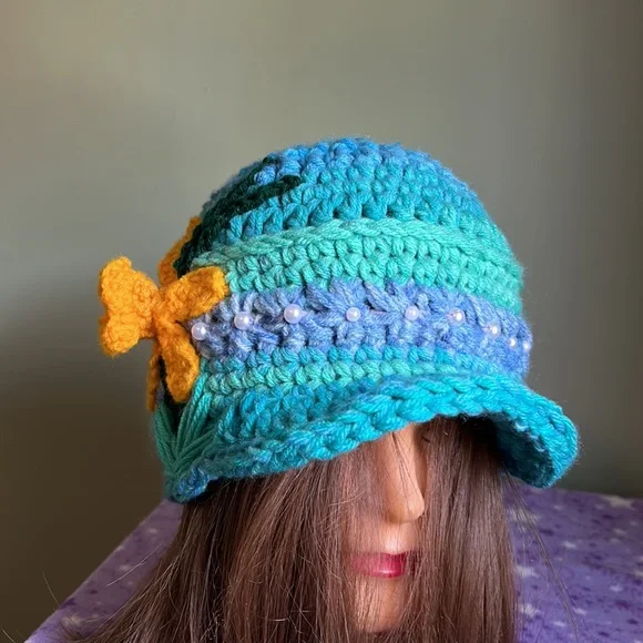 Crochet daffodil newsboy baseball hat medium acrylic yarn new - Picture 3 of 11